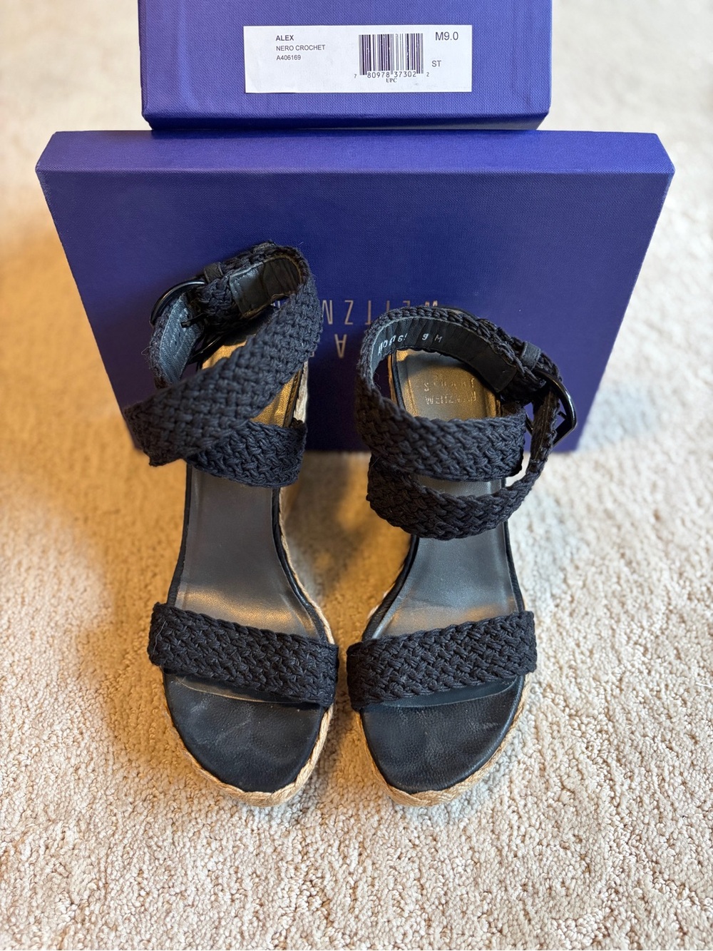 Stuart Weitzman Black Braided Espadrille Wedge Sandals